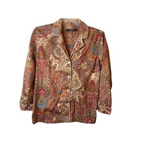 Ralph Lauren Womens Pajama Top Size Large Paisley Print Crest Logo Button Up